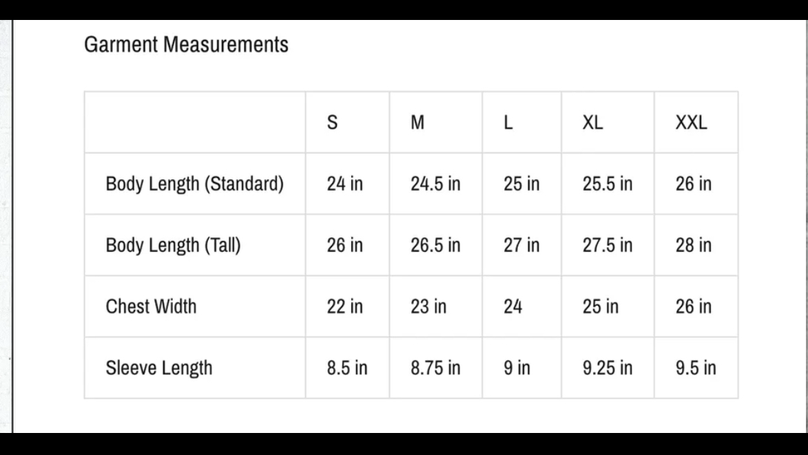 Garment measurements chart on a black background